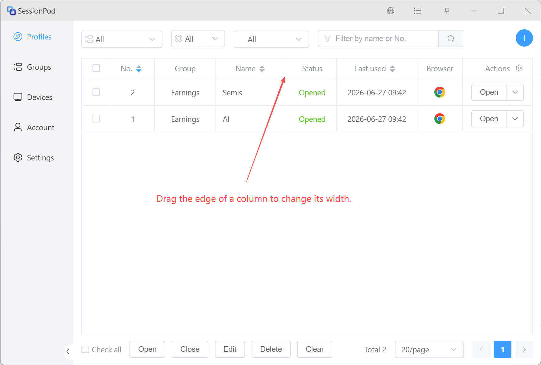 Adjust column width