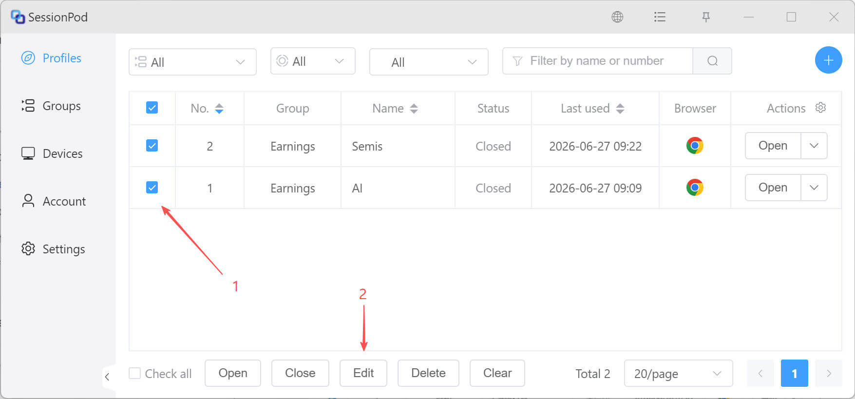 Select profiles for batch editing