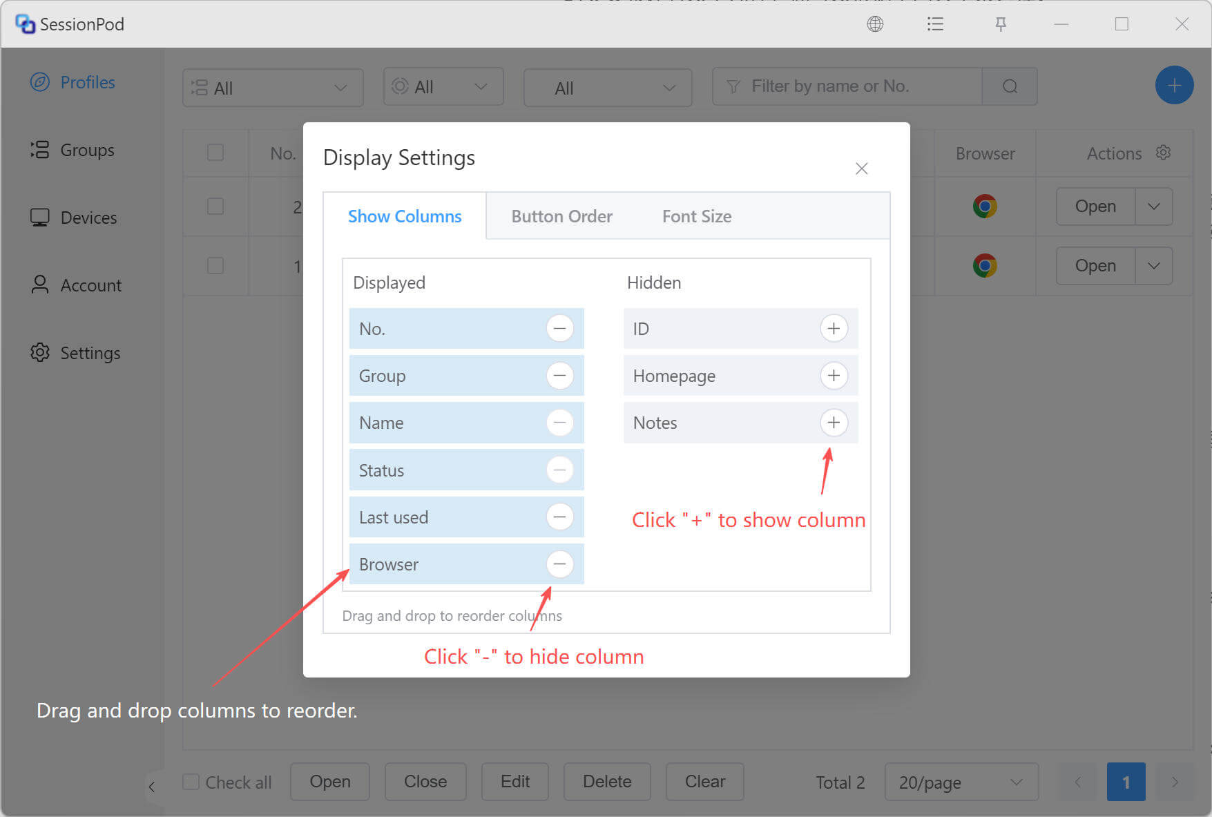 Configure visible columns and sorting