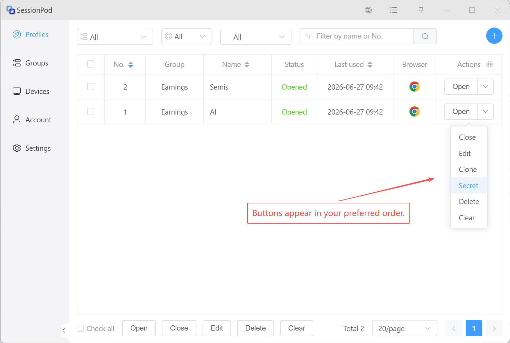 Action button order result