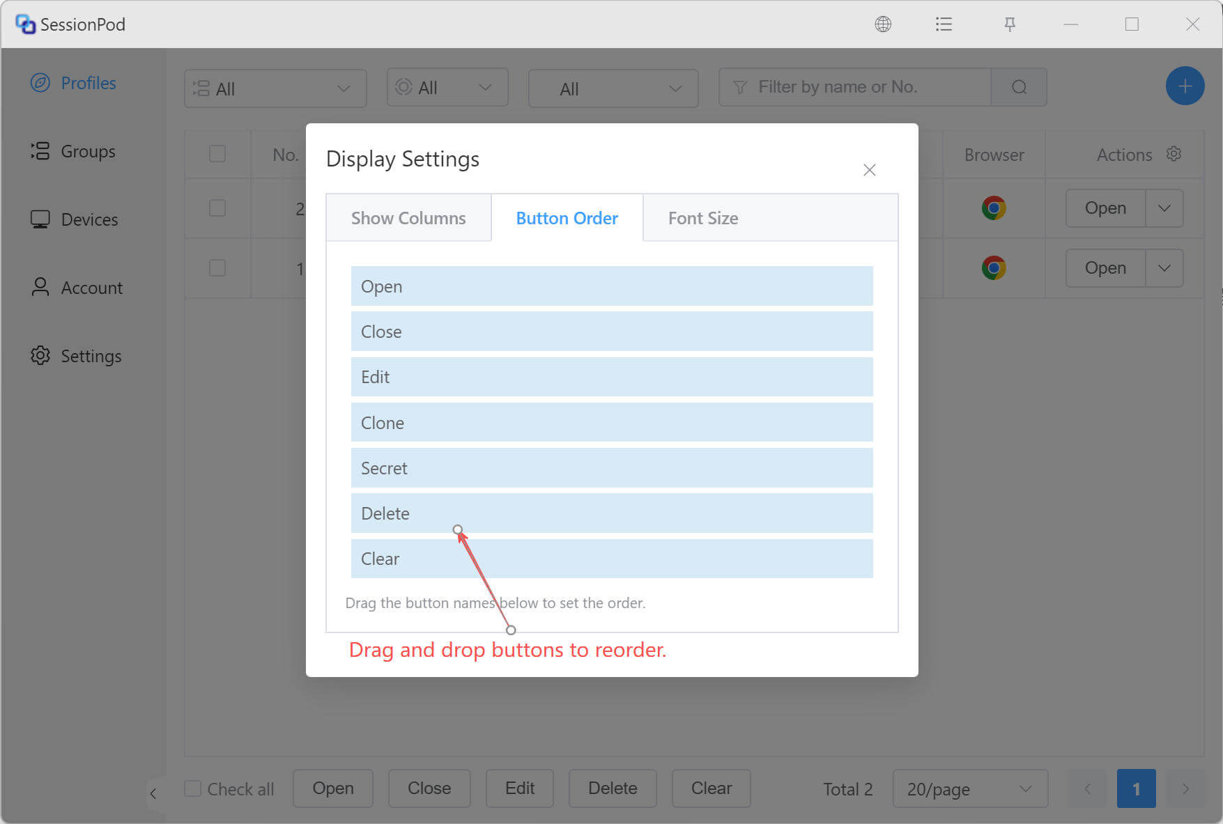 Configure action button order